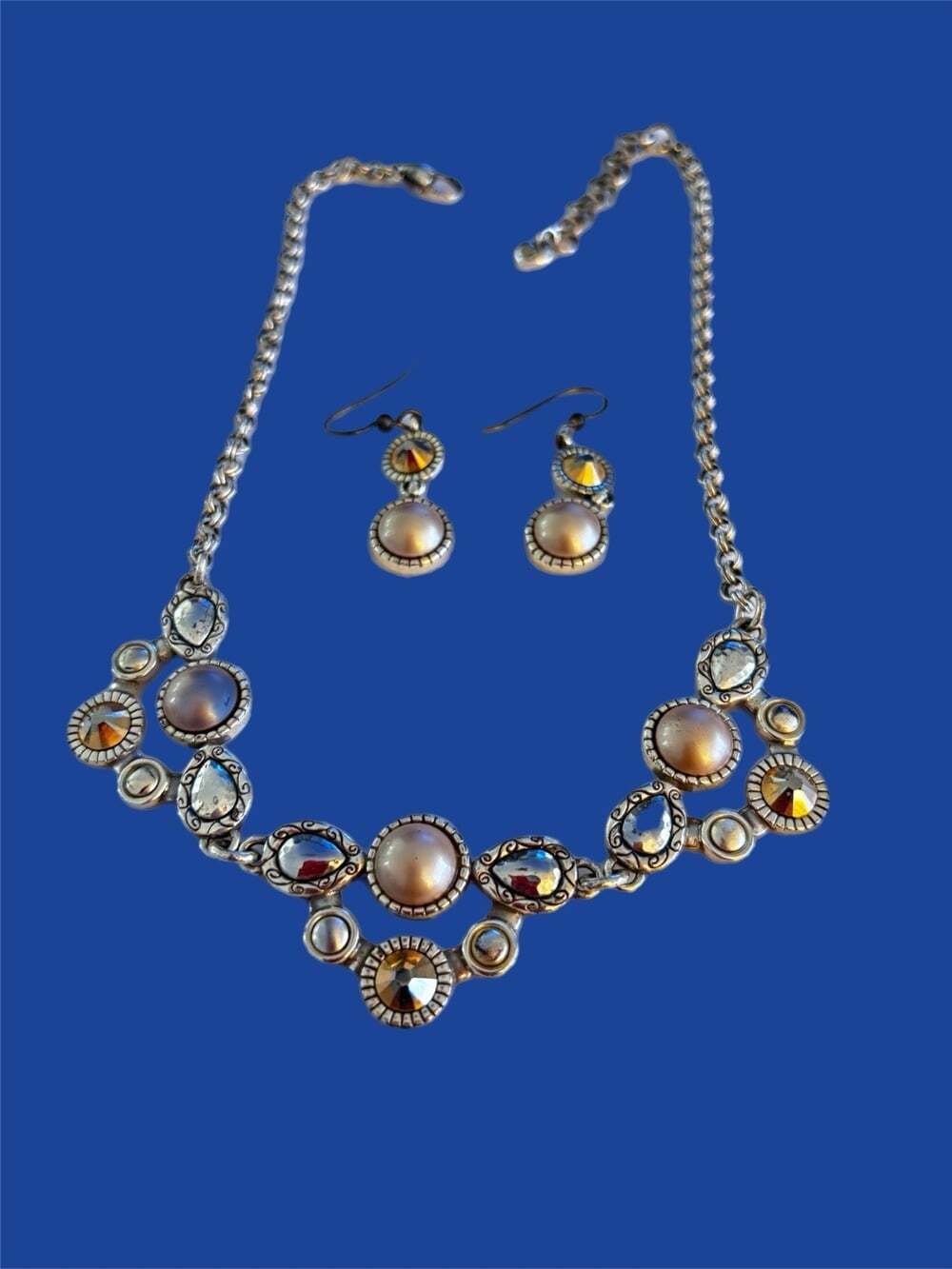 Brighton Pastille Jeweled Collar Bibb Gold Pearl and Silver Necklace & Earrings